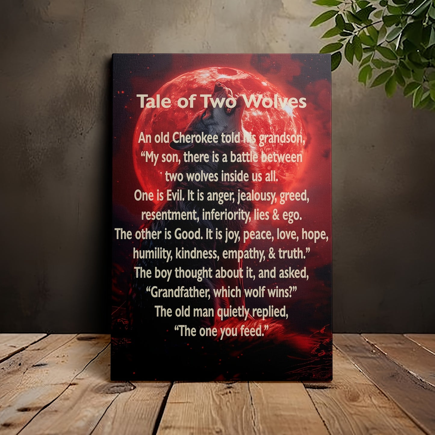 [Inspirational Wolf Canvas Art] 1pc Inspirational Wolf Howling at Moon Canvas Wall Art - Framed Tale of Two Wolves Quote, Red & Black Contrast Design, High-Quality Print with Hook for Home, Office, Bedroom, Yoga Studio Decor,