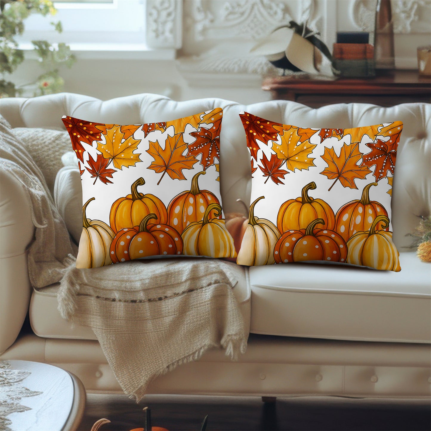 2pcs White Polka Dot Pumpkin Throw Pillow Covers Red Yellow Eucalyptus Leaves Cushion Case Fall Thanksgiving Day Farmhouse Decorations for Sofa Couch Livingroom