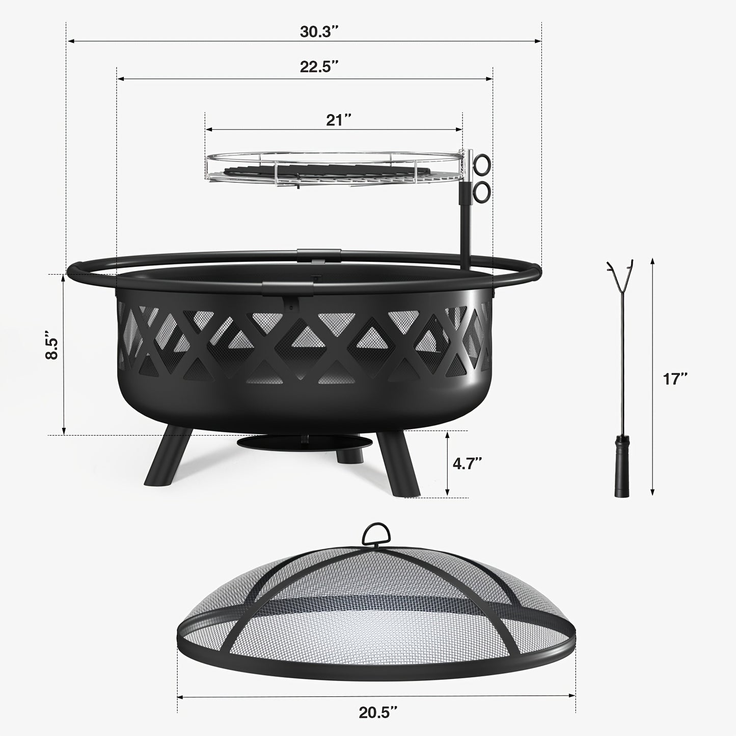 30" 2-in-1 Fire Pit with Metal BBQ Grill & Spark Screen - Durable Zinc Alloy Outdoor Fire Pit for Patio, Backyard, and Garden Use - Black Wood Burning Design with Handles for Easy Handling