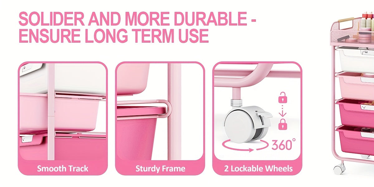 Pink Rolling Utility Cart with 4 Drawers & 4-Tier Mesh Top - Mobile Storage Organizer with 4pcs DIY Lable Drawers, Durable Metal Frame, 3.2 Cu Ft Capacity, Compact Under 27" Height for Office, Craft Room, Home Organization, S
