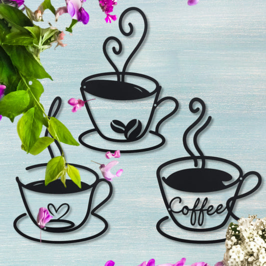 3pcs Vintage Coffee Cups Metal Wall Art Set - Decorative Black Silhouette Cups with "Coffee" Inscription & Floral Accents, Perfect for Kitchen/Cafe Decor, Coffee Bar Accessories