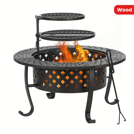 1pc, Fire Pit, 36''Fire Pit, 3-in-1 Fire Pit With Two Grills, Metal Lid, Poker, Outdoor Wood Burning Fire Pit & BBQ With Round Metal Table For Patio, Picnic, And Party