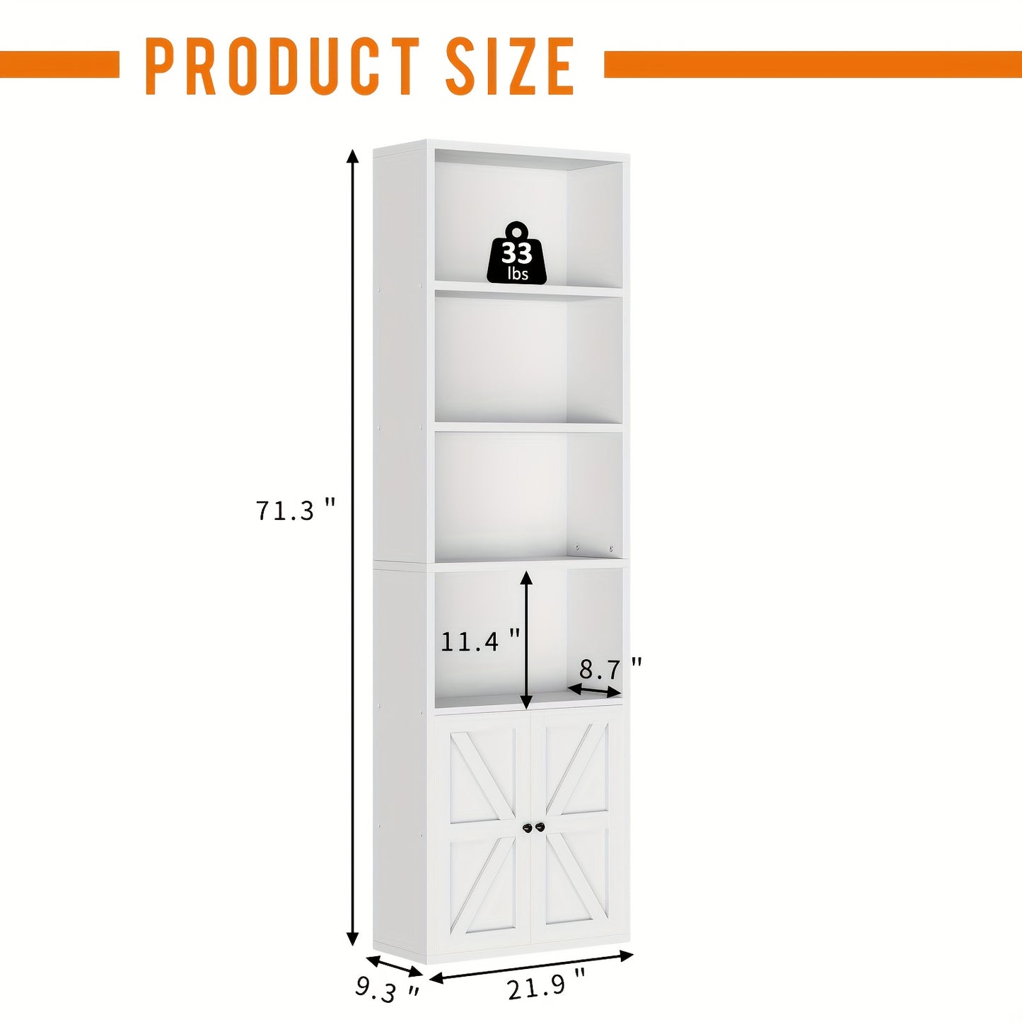 Modern Industrial 6-Tier Bookcase with Cabinet Doors - White & Black Wood Storage Shelf Unit, Space-Saving Floor Cabinet with Spacious Top Shelf, Easy Assembly, Sturdy -Tip Design for Living Room, Office, Bedroom - Multi-Purp