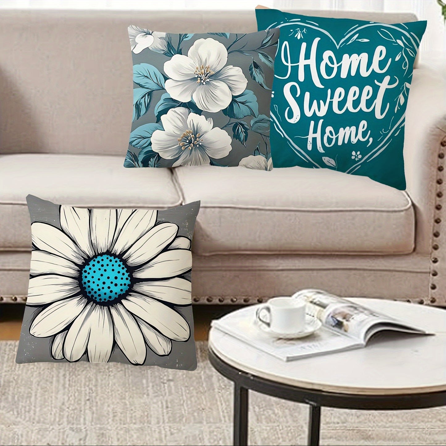 Set of 4 Teal Floral Throw Pillow Covers 18x18 – Modern Bohemian Decorative Cushion Covers for Sofa, Bed, Living Room, Outdoor – Polyester, Zip Closure, Hand Wash Only, Decorative Pillows