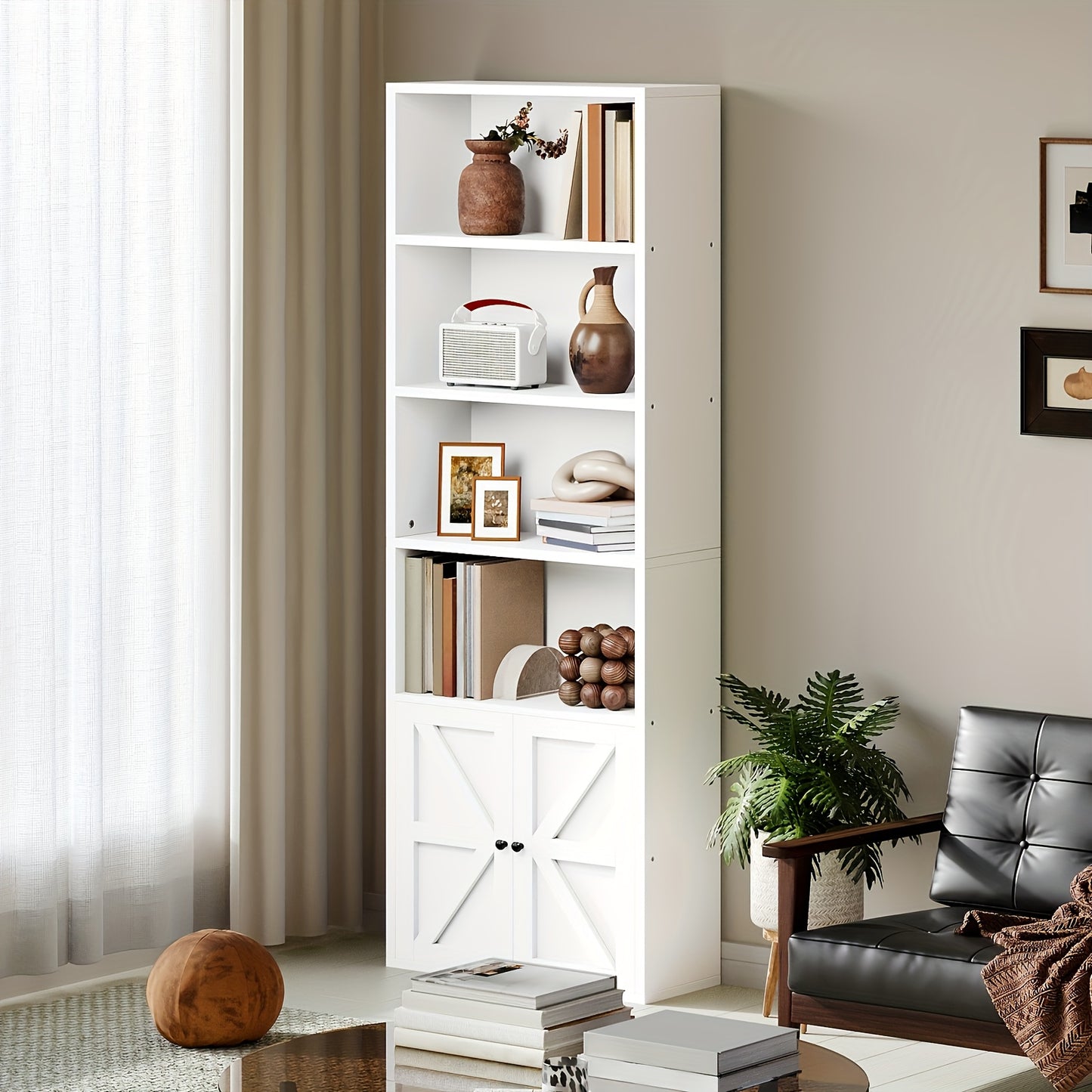Modern Industrial 6-Tier Bookcase with Cabinet Doors - White & Black Wood Storage Shelf Unit, Space-Saving Floor Cabinet with Spacious Top Shelf, Easy Assembly, Sturdy -Tip Design for Living Room, Office, Bedroom - Multi-Purp