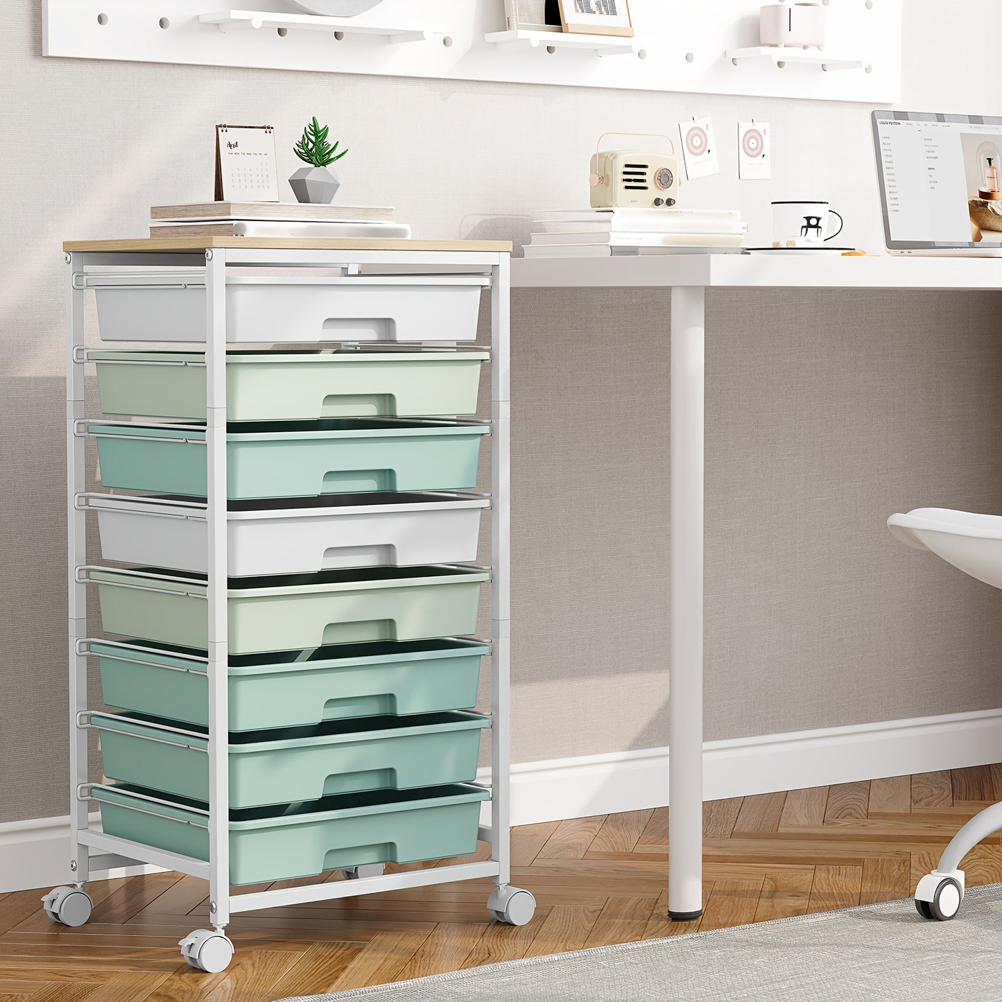 Rolling Storage Cart with Drawers, Utility Cart with 8 Drawers And Tabletop, Rolling Drawer Cart, Storage Drawer Cart for Living Room, Classroom, Bedroom, Bathroom, Dorm, Office, Dark Grey