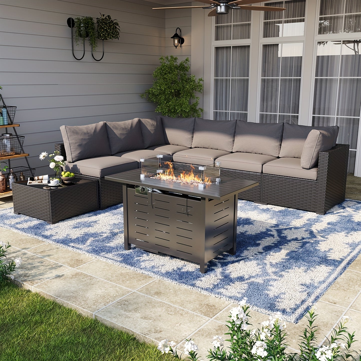 Oneinmil 3 & 8pcs Outdoor Sectional Patio Furniture Set with Fire Pit Table | L-Shaped Wicker Rattan Conversation Set | 4" Thick Waterproof Cushions for All-Weather Seating - Patio Furniture Outdoor for Deck, Garden, Poolside