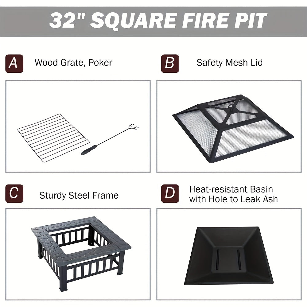 32-inch 3-in-1 Square Fire Pit Table with BBQ Grill - Heavy-Duty Rust-Proof Steel Outdoor Firepit, Includes Rain Cover & Fire Poker, Portable Camping & Backyard Essential for Patio, Garden, Thanksgiving & Christmas Gatherings