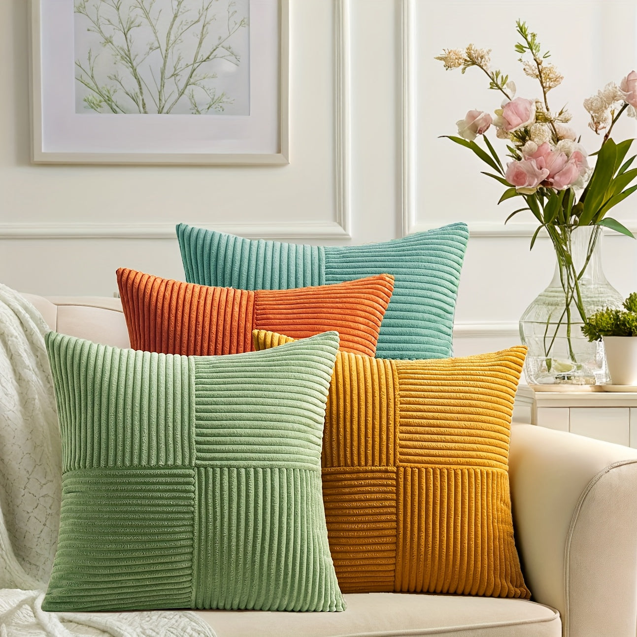 [Bohemian Pillow Covers] 4pcs Bohemian Style Patchwork Throw Pillow Covers | Soft Corduroy, Gradient Textured, Zip Closure, Polyester Fiber, 12in*20in, 18in*18in, Green, Orange, Teal, Yellow, Hand Wash Only, Farmhouse Aesthet