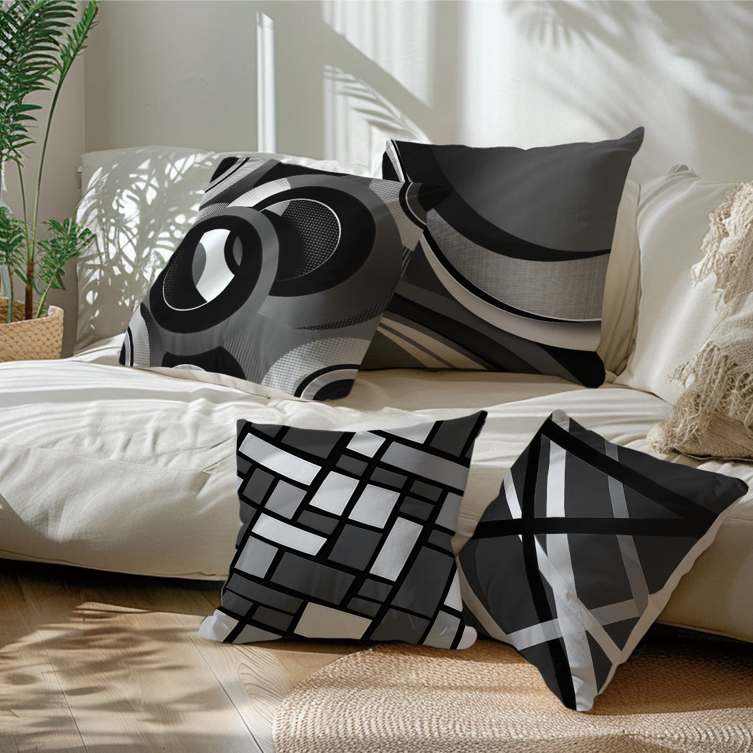 [Modern Geometric Pillow Covers] 4pcs Modern Geometric Abstract Throw Pillow Covers - 17.7x17.7 Inch Decorative Cushion Cases | Polyester Fabric, Zipper Closure, Machine Washable | Contemporary Style for Sofa, Couch & Home De