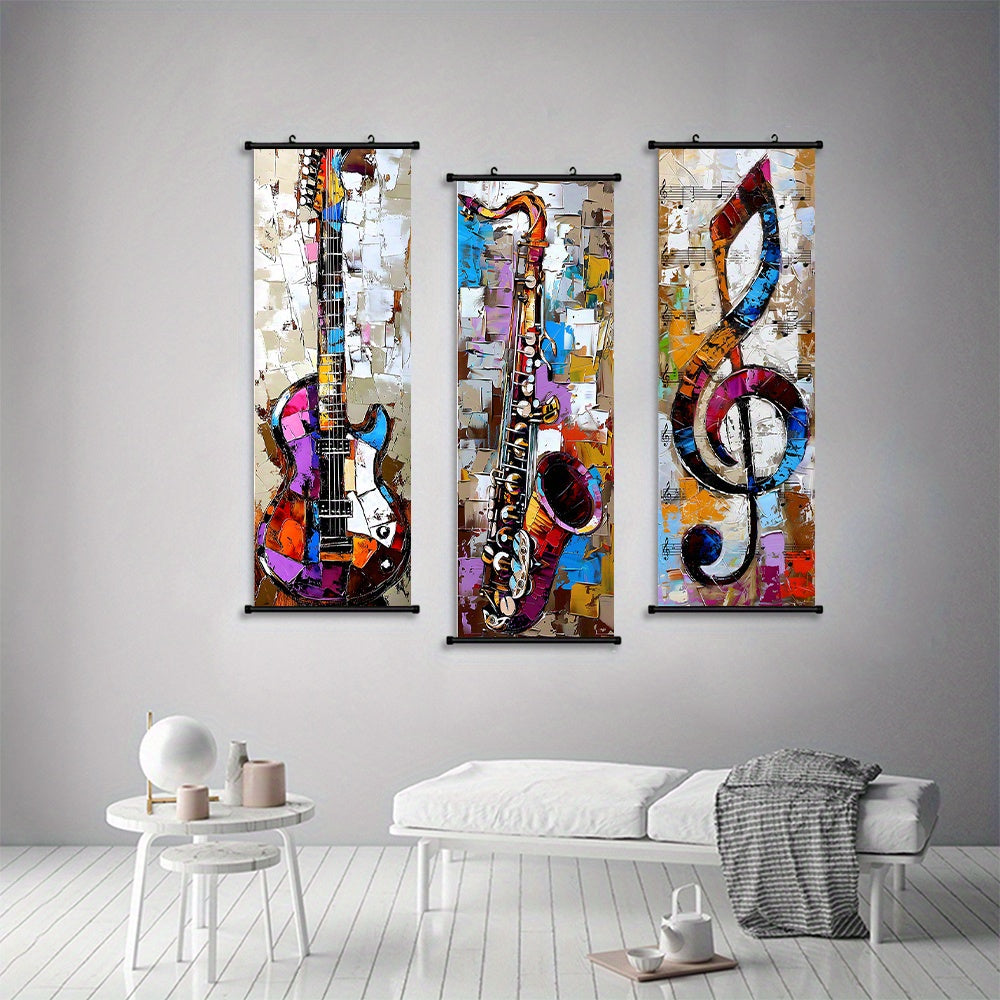 - 3pcs Vibrant Music Hanging Scroll Painting Set Showcasing Notes, Guitar and Saxophone Art, Artwork Wall Art Bathroom Bedroom Living Room Wall Decor, Home Decor, Aesthetic Room Decoration