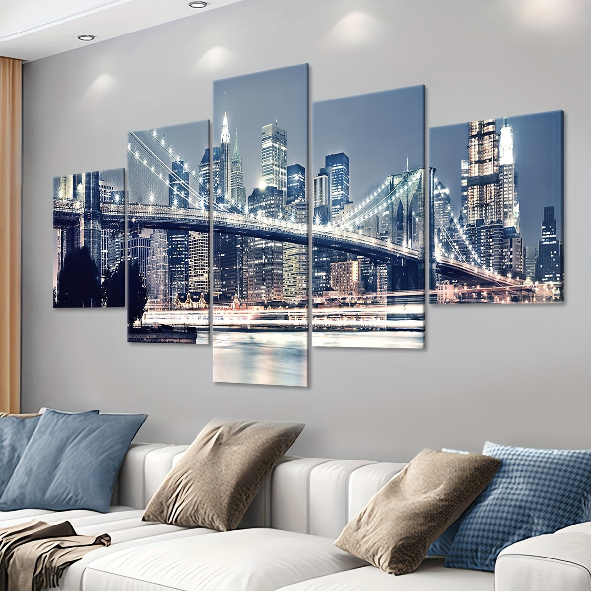 2D Flat, [2D FLAT] 5pcs Frame Urban Riverside Bridge Canvas Poster, Five Panel Scene Art, Modular Picture, Print Painting, Modern Art, Ideal Decor for Bedroom Living Room Kitchen Dorm, Wall Decoration, Gift for Family Friends