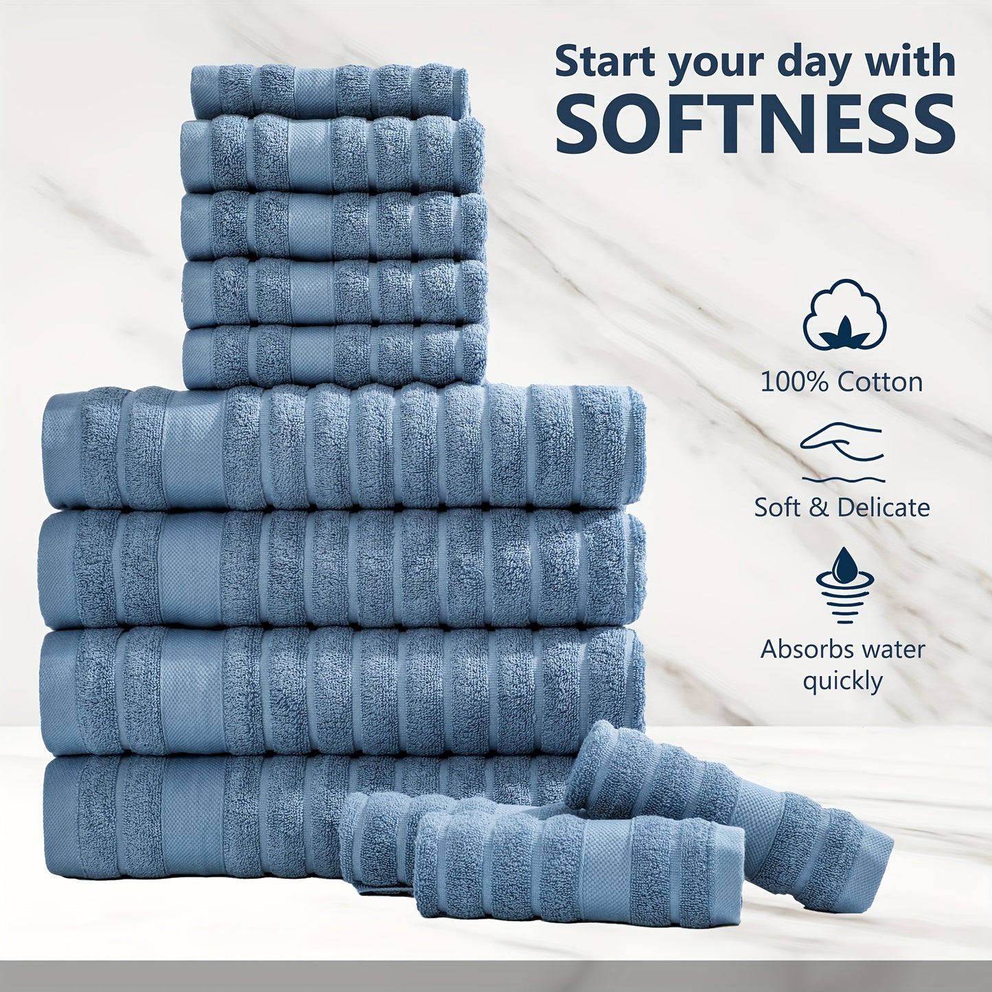 12pcs Cotton Towels Set, 4 Washcloths + 4 Hand Towels + 4 Bath Towels, Bath Line Sets, Festive Bathroom Decor And Gift, Travel Essential ItemsStripe, 400GSM, Quick-drying, Soft And Comfortable, Bathroom Accessories, Towel For