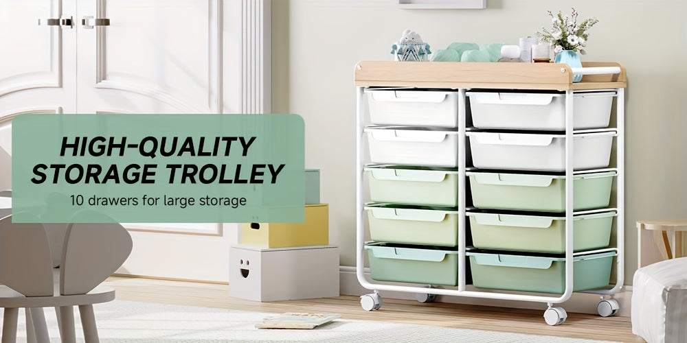 [Versatile Rolling Storage Cart] TOOLF 10-Tier Rolling Storage Cart with Large Drawers & Tabletop - Multi-Purpose Mobile Organizer for Home, Office, Classroom - Easy-to-Move Wheels, 3.2+ Cubic Feet Capacity, 27" Height, Metal