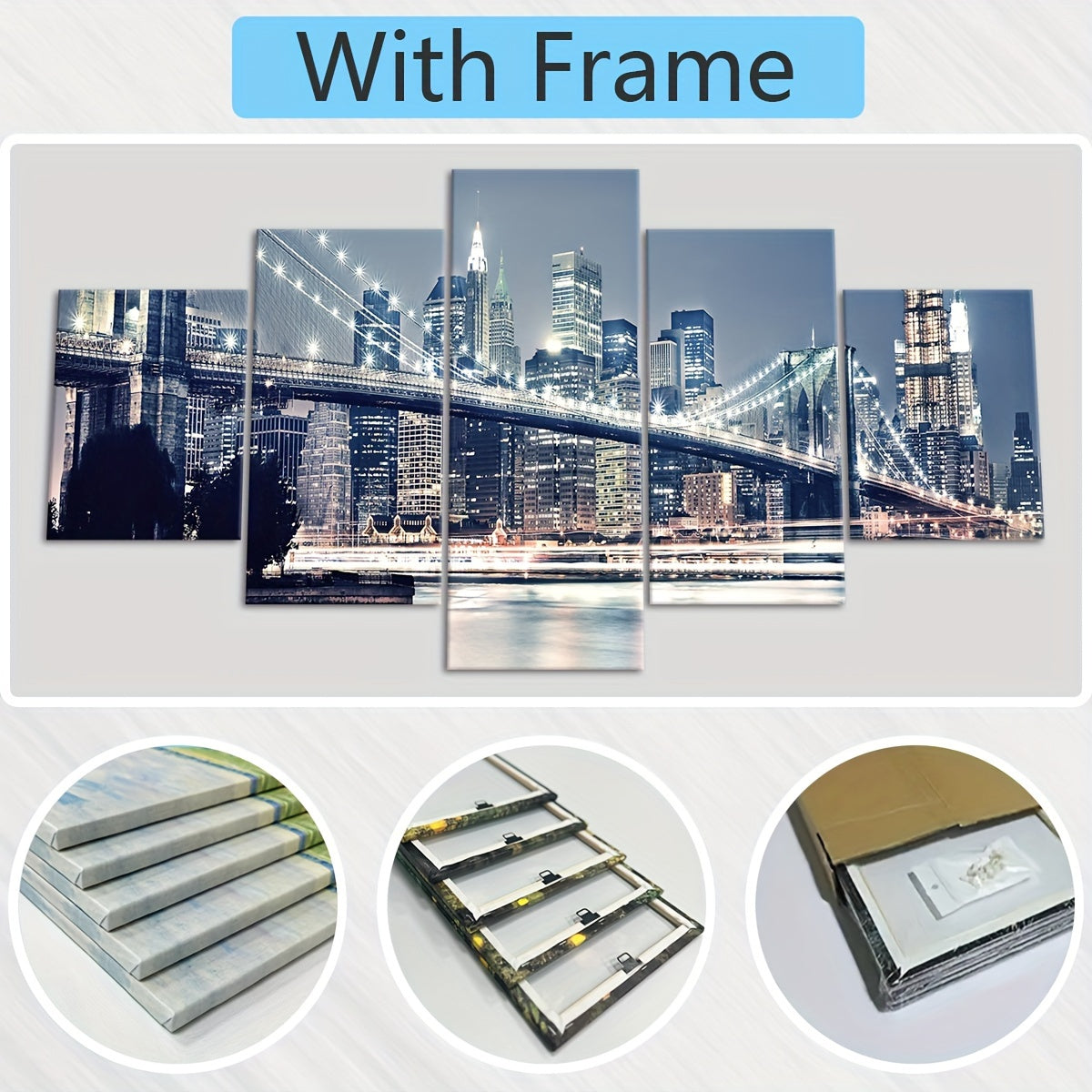 2D Flat, [2D FLAT] 5pcs Frame Urban Riverside Bridge Canvas Poster, Five Panel Scene Art, Modular Picture, Print Painting, Modern Art, Ideal Decor for Bedroom Living Room Kitchen Dorm, Wall Decoration, Gift for Family Friends