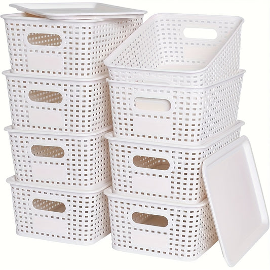 8pcs Modern Plastic Storage Bins with Lids - Versatile Organizer for Home, Office, and Toys, White Rectangular Design with Multiple Compartments for Document, Toy, and Small Items, Toy Storage, Shelf Baskets