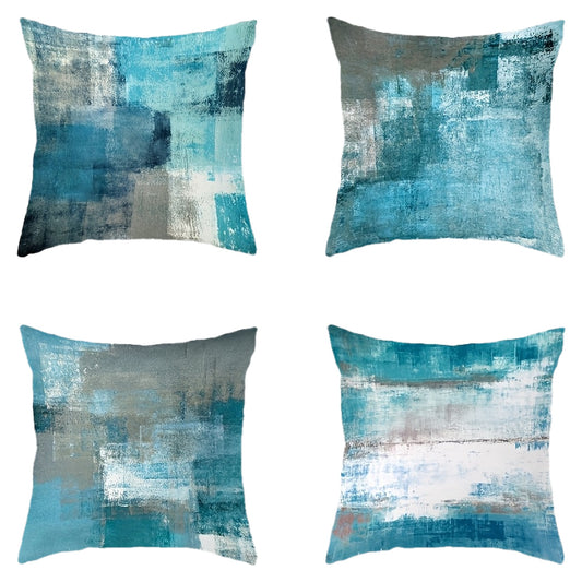 4pcs Soft Turquoise Grey Decorative Pillowcases - Single-sided Printing, 17.7*17.7inch, 100% Polyester, Zipper Closure, Premium Contemporary Style Teal Abstract Art Throw Pillow Covers, For Home Decor In Various Room Types