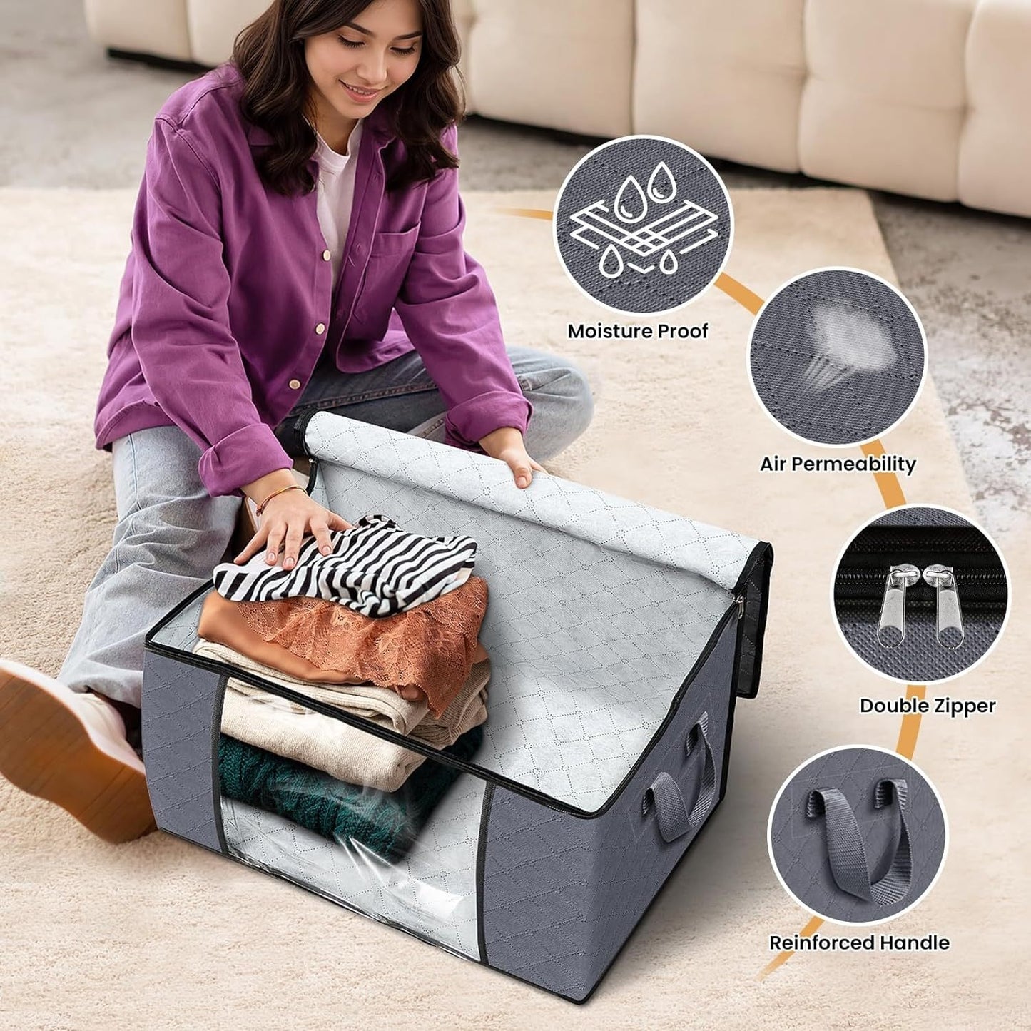 6pcs Extra Large Storage Bags, Durable Folding Clothes Organizer For Bedding, Blankets, Pillows, And Toys, Thick Polypropylene Fabric, With Zipper And Lid, Reinforced Handles, For No Electricity Needed, Other (Accessory Organ