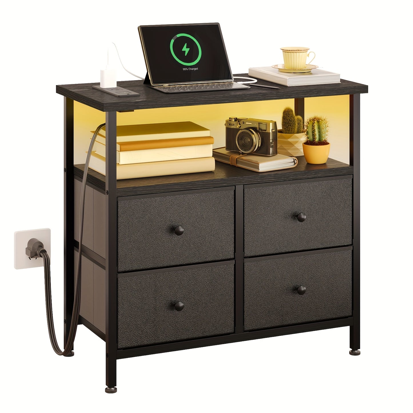 WHONLINE Night Stand with Charge Station, Bedside Table, Nightstand with 4 Drawers Bedside Table, LED Storgae Cabinet with Open Storage Shelf, Side Table for Bedroom Office, School And Dormitory Storage, for Halloween And Chr