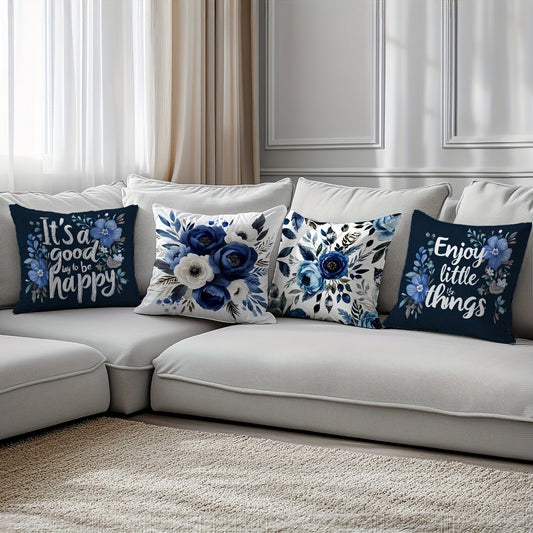 4pcs, Single Sided Printed Pillow Cover, Four Piece Set Of Deep Blue Floral Text Pillow Cover, 17 7*17. 7in, Home Decoration Pillow Cover Suitable For Living Room, Sofa, Bedroom, Without Pillow Core
