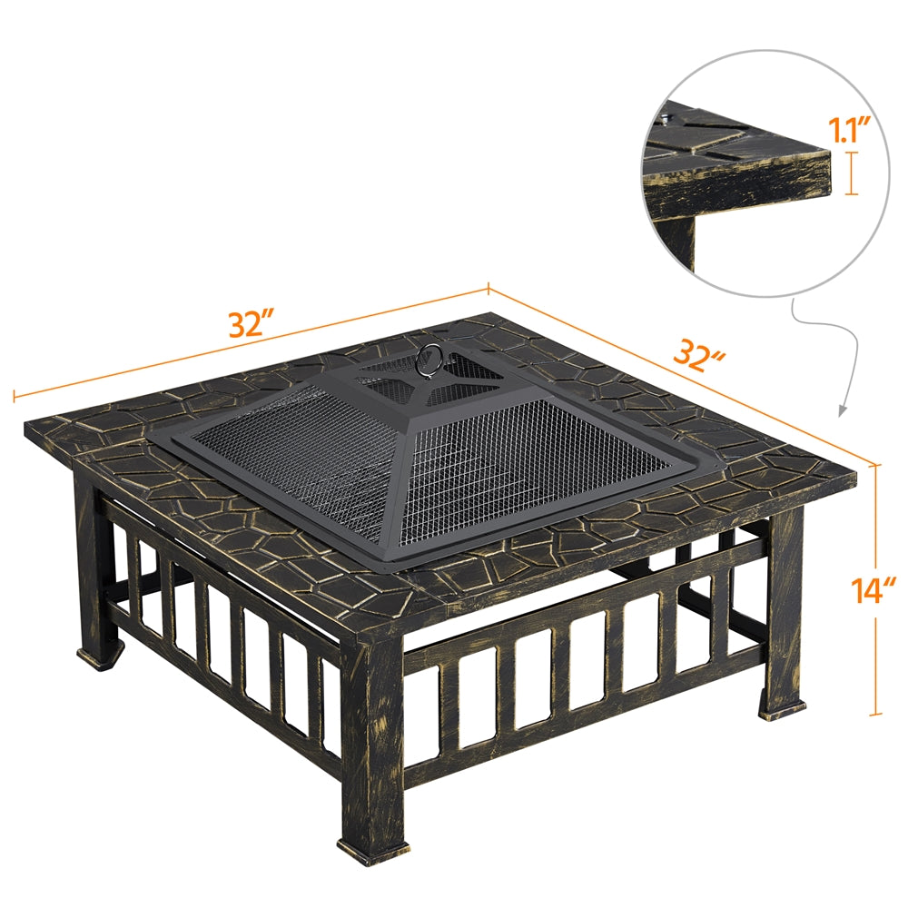 Costoffs Halloween 32in/34in Outdoor Multi-functional Fire Pit Wood Fire Pit Table for Patio Camping Square Firepit for Barbecue, Heating, Cooling w/Cover, Poker