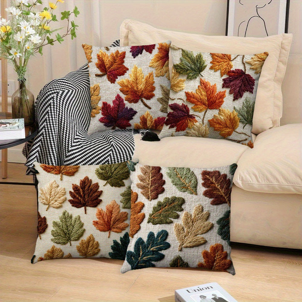 4pcs, Autumn leaf embroidery style (non genuine embroidery) throw pillow cover, living room sofa cushion decoration cushion cover, home decoration square 18x18 inch pillowcase, Suitable for bedrooms, sofas, living rooms.