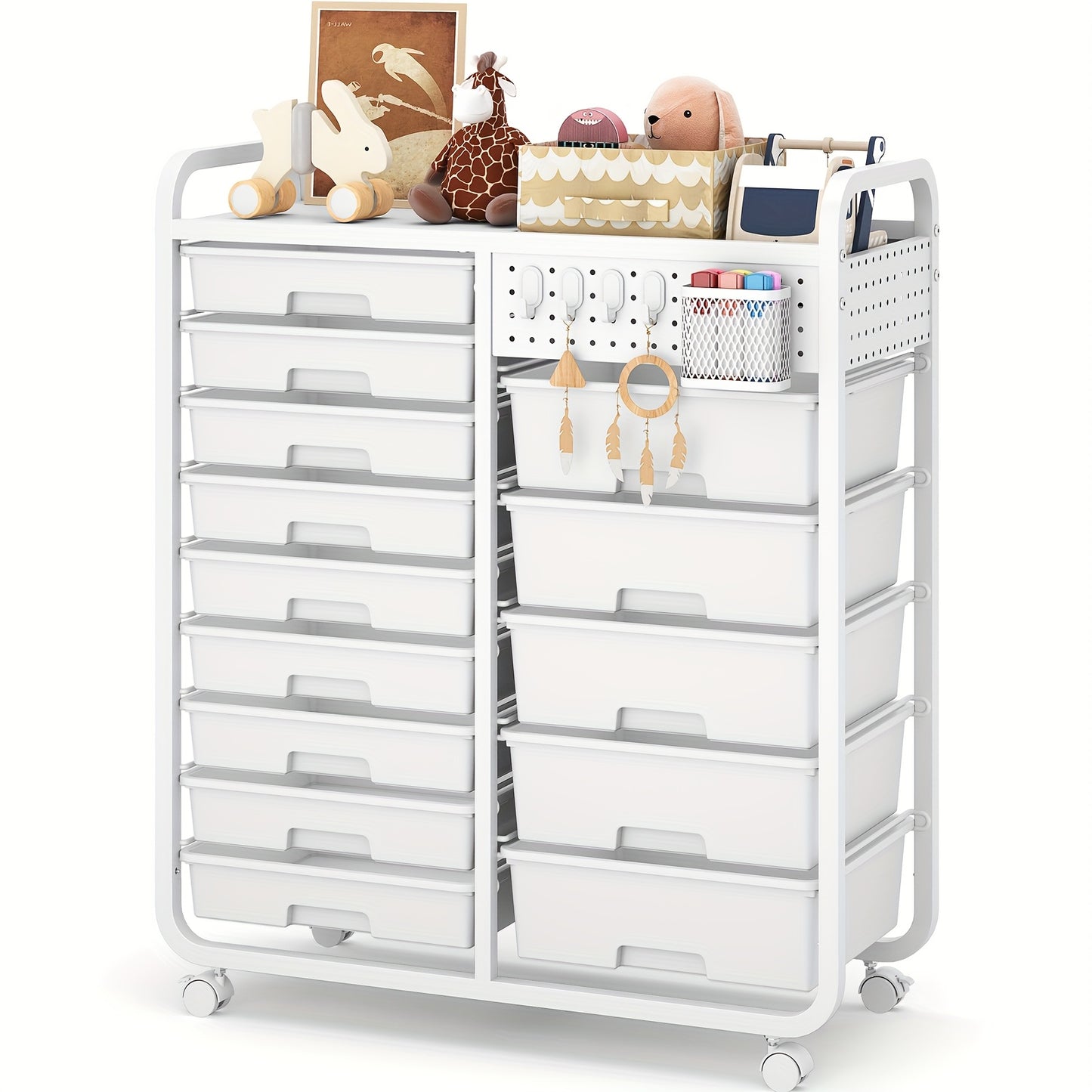 [Durable Craft Storage Cart] TOOLF Durable 14-Drawer Rolling Storage Cart with Tabletop & Pegboard | Mobile Utility Cabinet on Wheels - Metal Organizer with 14 Spacious Drawers, 3.2 Cu Ft Capacity & 27" Height for Home, Offic