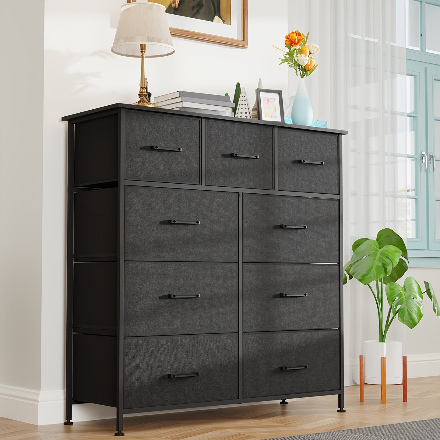 5/8/9 Fabric Drawers Dresser For Bedroom, Storage Drawers, Chest Organizer Units With Wooden And Steel Frame Top For Bedroom, Living Room, Closet, Living Room, Entryway, Black/Grey/Nature