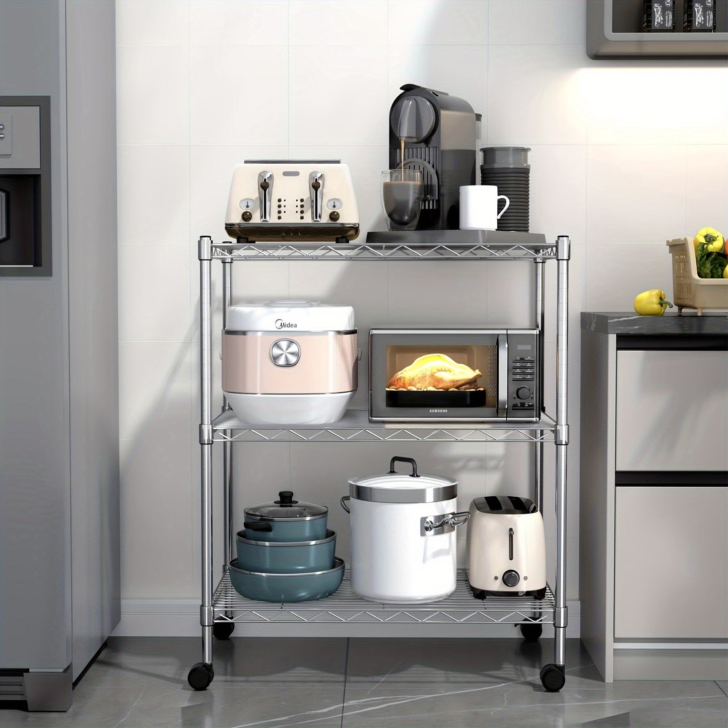 Simple Deluxe Heavy Duty 3-Shelf Adjustable Steel Wire Shelving Unit with Wheels, Chrome Finish - 13.8"W x 23.6"D x 40.5"H, 750 lbs Capacity, Easy No-Tool Assembly for Kitchen, Pantry, Garage, or Office Organization, Kitchen