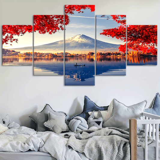 5pcs Frame Snowy Mountains And Lakes Maple Leaf Tree Canvas Poster, Natural Landscape Five Panel Scene Art, Modular Picture, Print Painting, Modern Art, Ideal Decor for Bedroom Living Room Kitchen Dorm, Wall Decoration, Gift