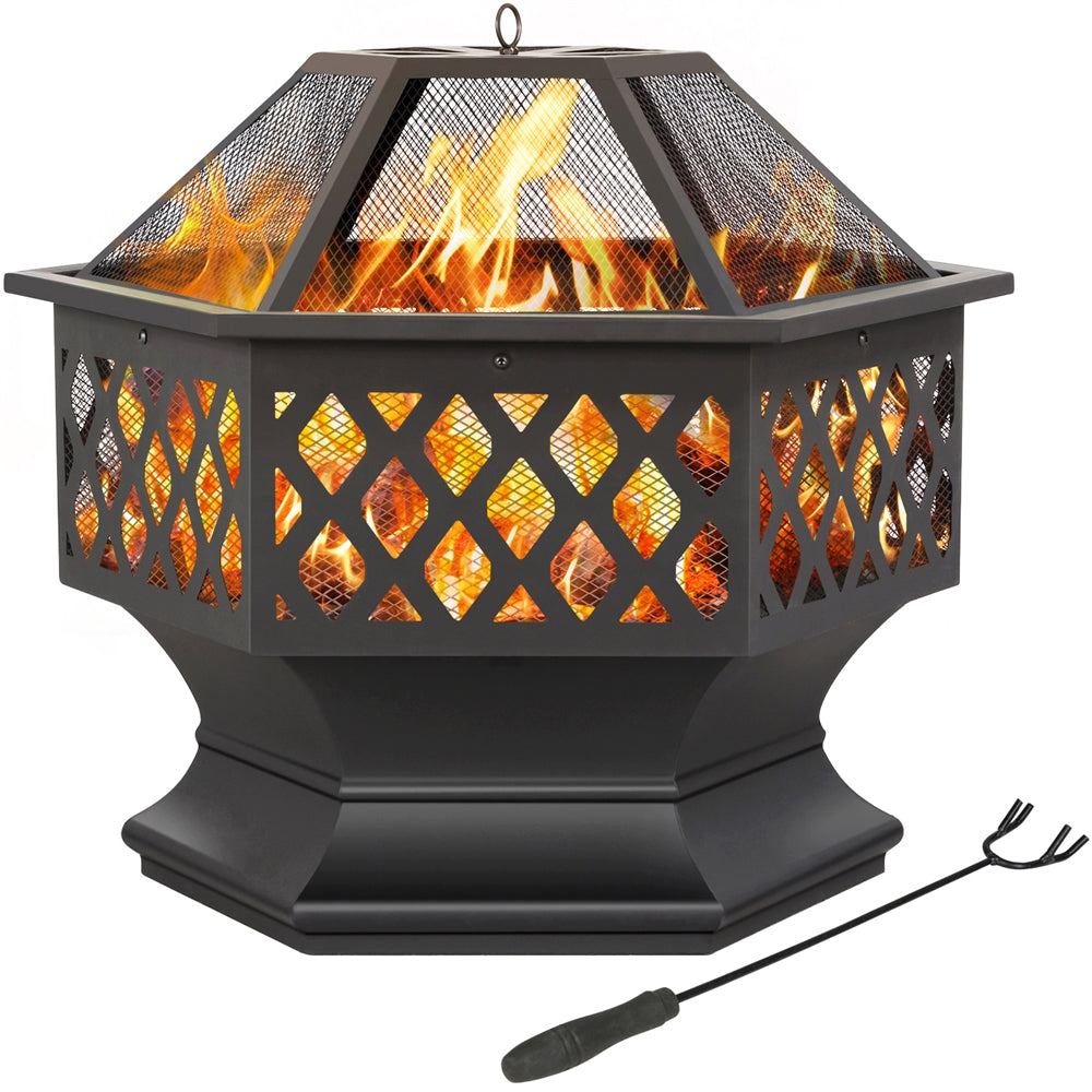 Costoffs Halloween 24in Hex Shaped Fire Pit Bowl with Spark Screen & Poker