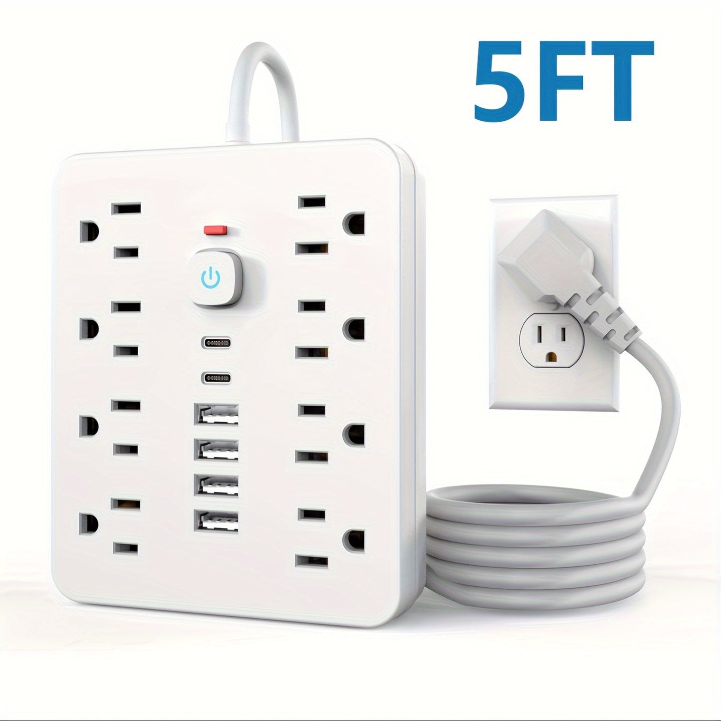 [14in 1 Power Strip] 14in 1 Power Strip Surge Protector with 8 Outlets, 4 USB and 2 USB C Ports | Flat Plug, Wall Mount, Overload Protection | Desk USB Charging Station for Home, Office