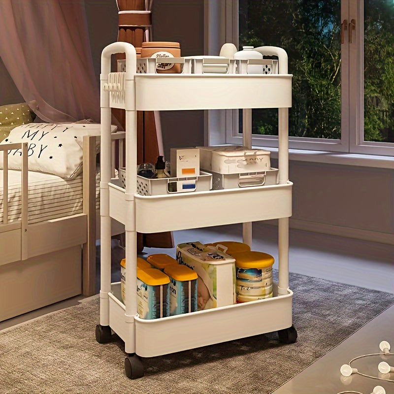 [Durable Storage Cart] Durable Multi-Layer Storage Organizer Cart | Easy to Move, Ideal for Kitchen, Bathroom, Bedroom - White and Black, 2D Flat
