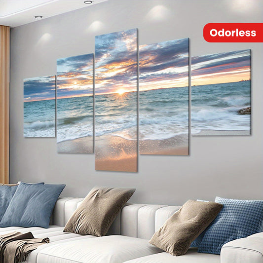 [Wood Framed Coastal Scenery Art] 5pcs Classic Wood Framed Seaside Sunset Canvas Art Set - Odorless, Waterproof, Landscape Wall Hanging Decor - for Home, Office, Restaurant, Bar