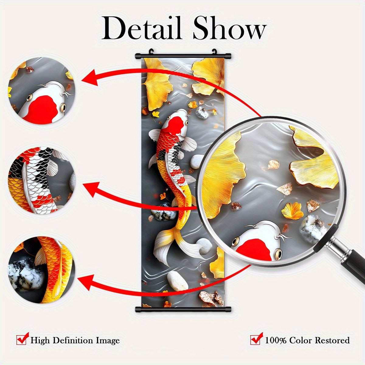 3pcs Chinese Fengshui Ink Koi Carp and Ginkgo Scroll Painting Set, 3D Embossed Craftsmanship, Suitable for Living Room and Study Wall Decoration, New Year Housewarming Gift, Auspicious Attract Wealth Artistic Gift
