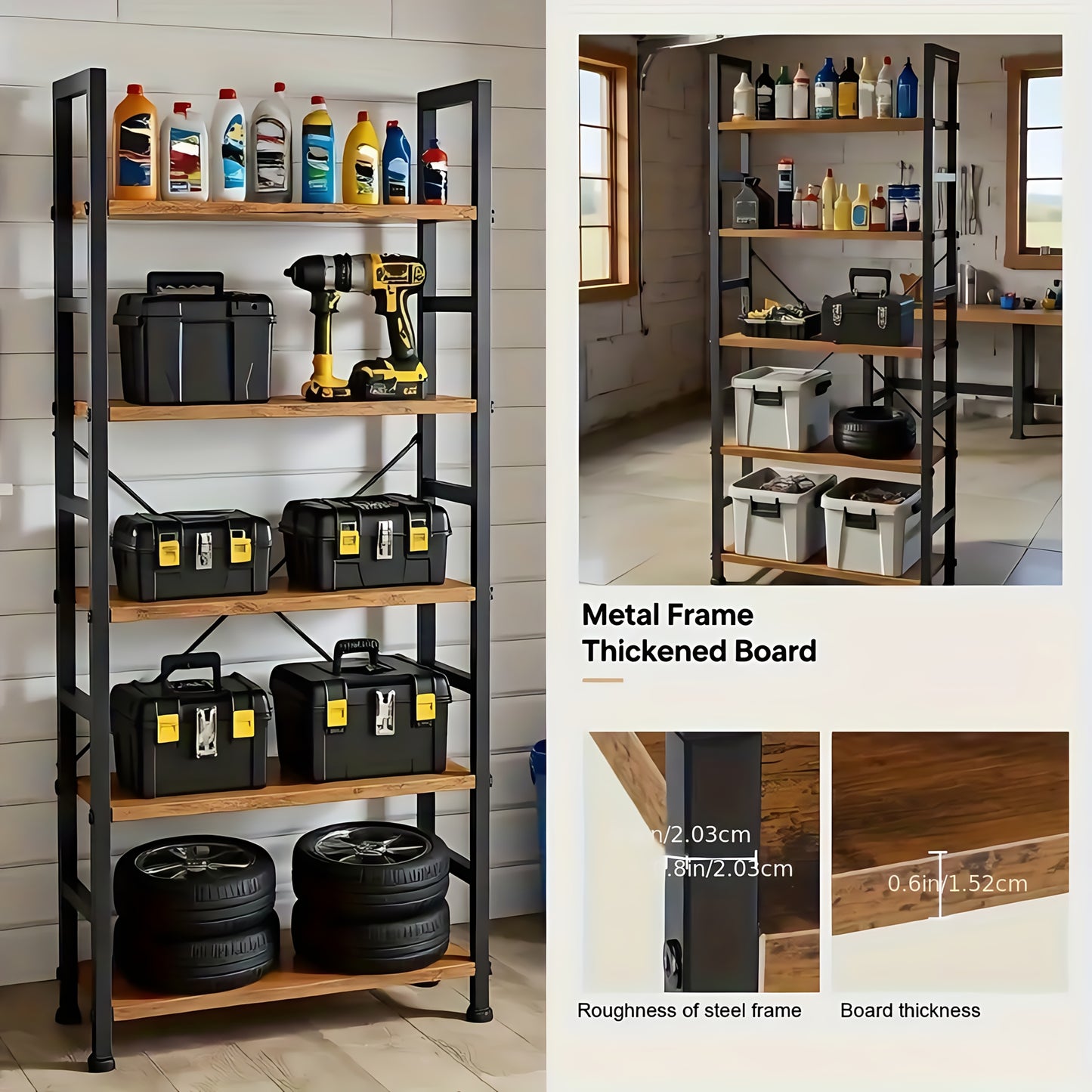 Metal Storage Rack, 5-layer Heavy-duty Garage Rack, Home Office Bookshelf, Bedroom Kitchen Living Room Freestanding Industrial Style Storage Rack