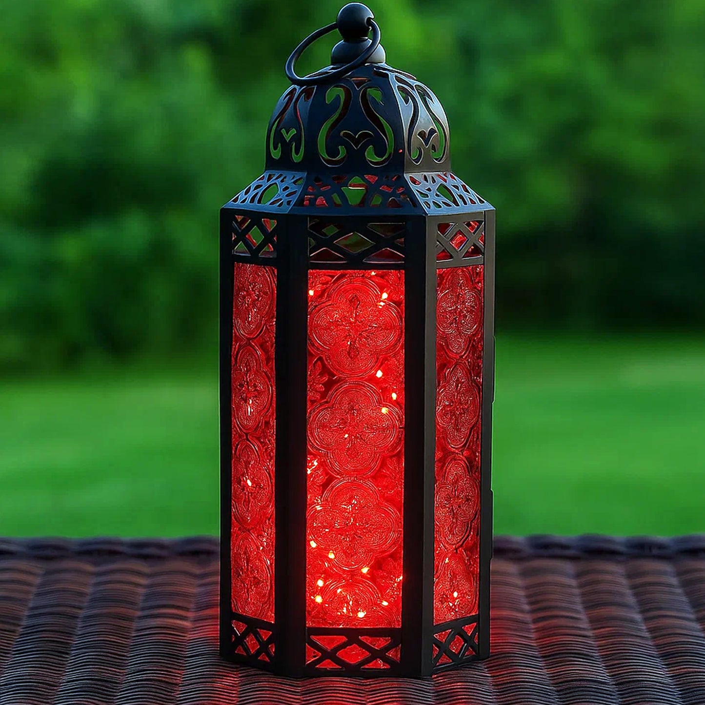Stunning Ambient Lighting Safe and Stylish Glass Metal Moroccan Candle Lantern Holder Lamp with Battery-Operated LED Lights plus Remote Control – Handcrafted Lantern with Intricate Design and Embossed Glass, Indoor Home Dec
