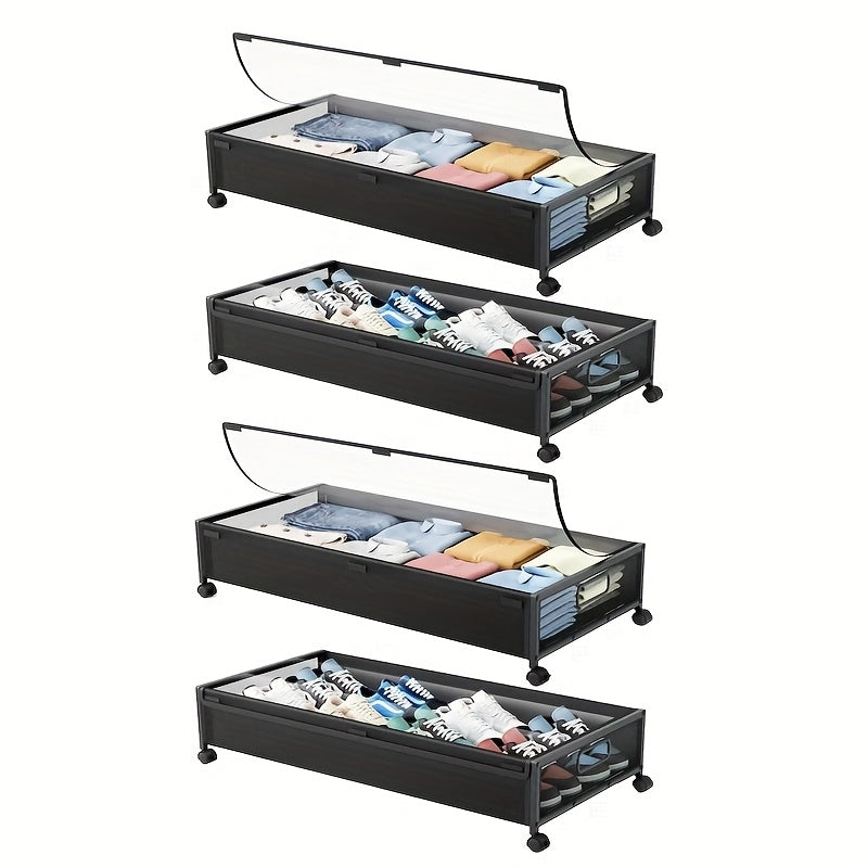 4-Pack Under Bed Storage Bins with Wheels, 54L Large Capacity Metal Rolling Drawers with Clear Lids – Perfect for Clothes, Shoes, Blankets, Toys, and Books Organizer, Mobile Storage Solution | Classic Design | Spacious Rect