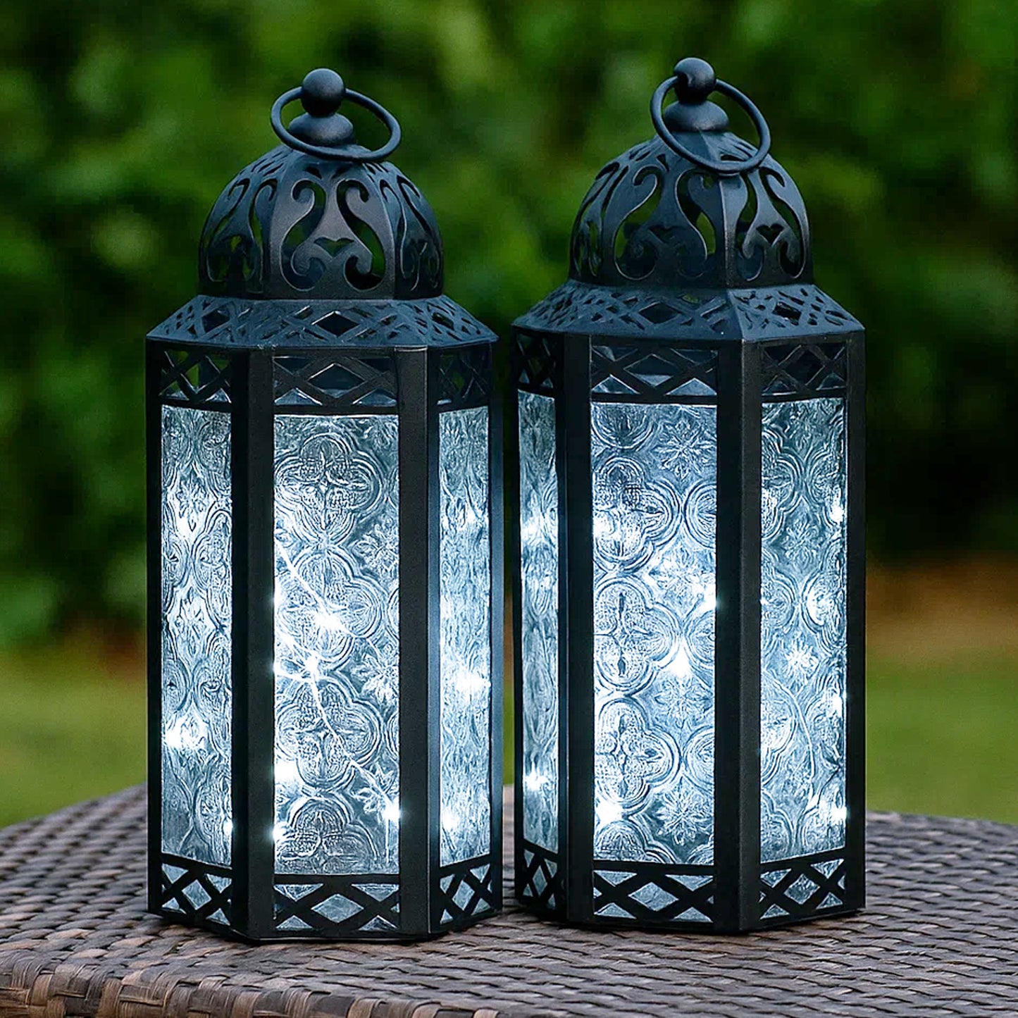 Stunning Ambient Lighting Safe and Stylish Glass Metal Moroccan Candle Lantern Holder Lamp with Battery-Operated LED Lights plus Remote Control – Handcrafted Lantern with Intricate Design and Embossed Glass, Indoor Home Dec