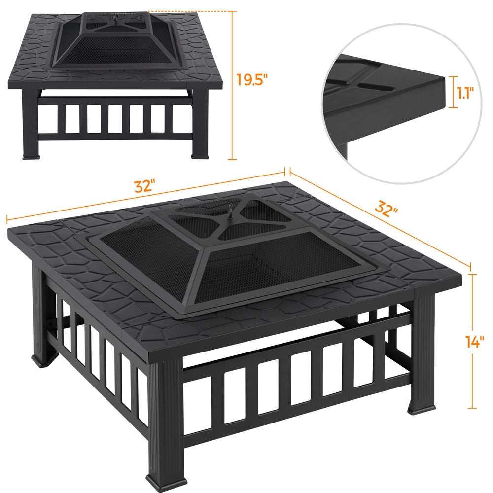 Costoffs Halloween 32in/34in Outdoor Multi-functional Fire Pit Wood Fire Pit Table for Patio Camping Square Firepit for Barbecue, Heating, Cooling w/Cover, Poker