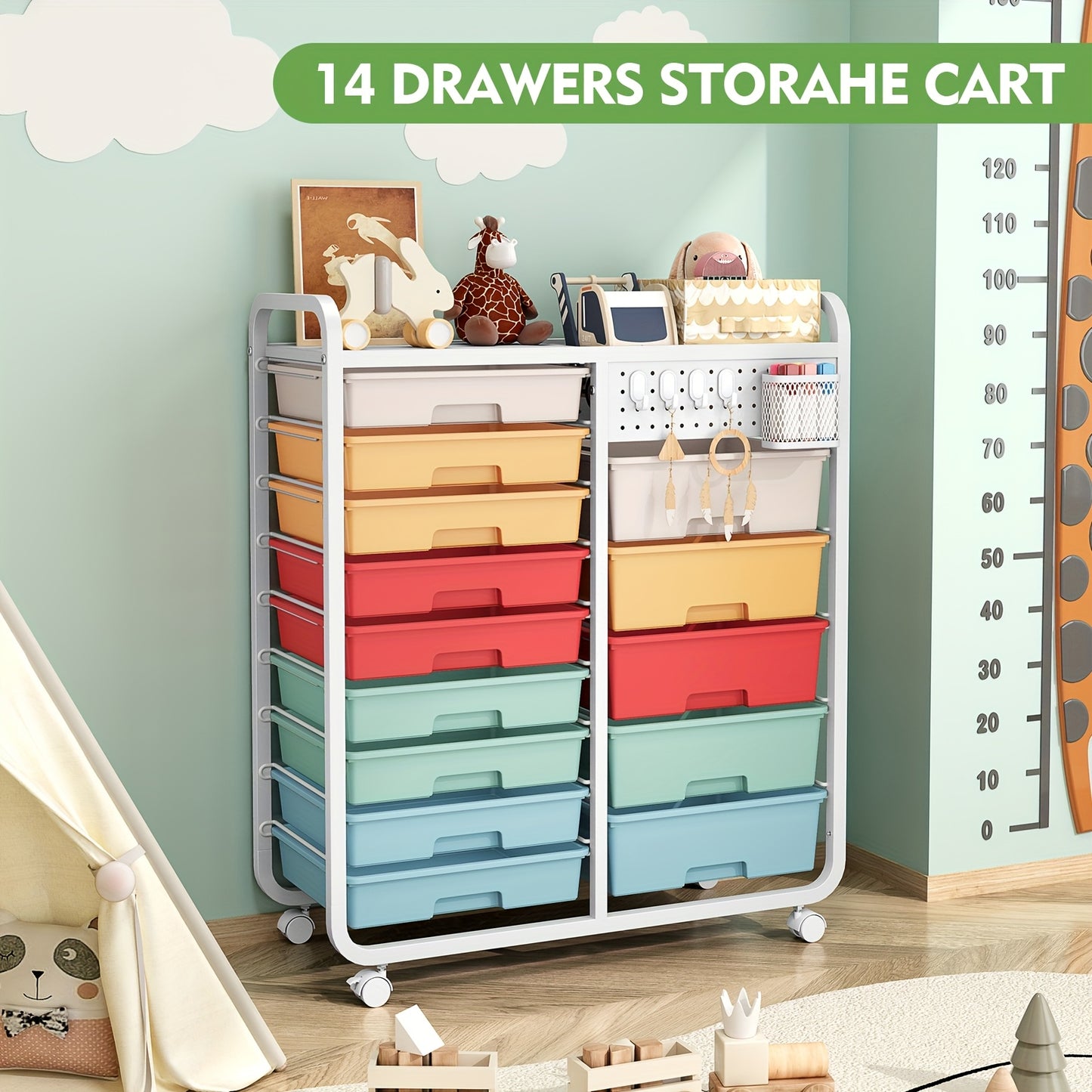 [Durable Craft Storage Cart] TOOLF Durable 14-Drawer Rolling Storage Cart with Tabletop & Pegboard | Mobile Utility Cabinet on Wheels - Metal Organizer with 14 Spacious Drawers, 3.2 Cu Ft Capacity & 27" Height for Home, Offic