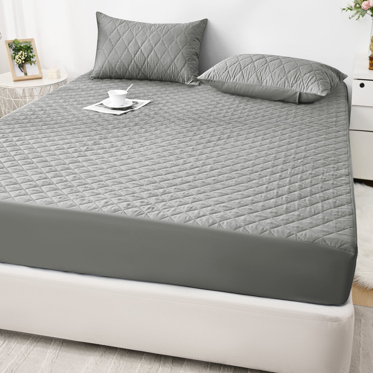 Waterproof Mattress Protector - Super Soft Quilted Polyester, Gray Satin Finish, Elastic Fit with Button Snap Closure, Machine Washable for Home & Hotel Use (Pillowcases Not Included), Comfortable Sleeping, Elegant Bedroom St