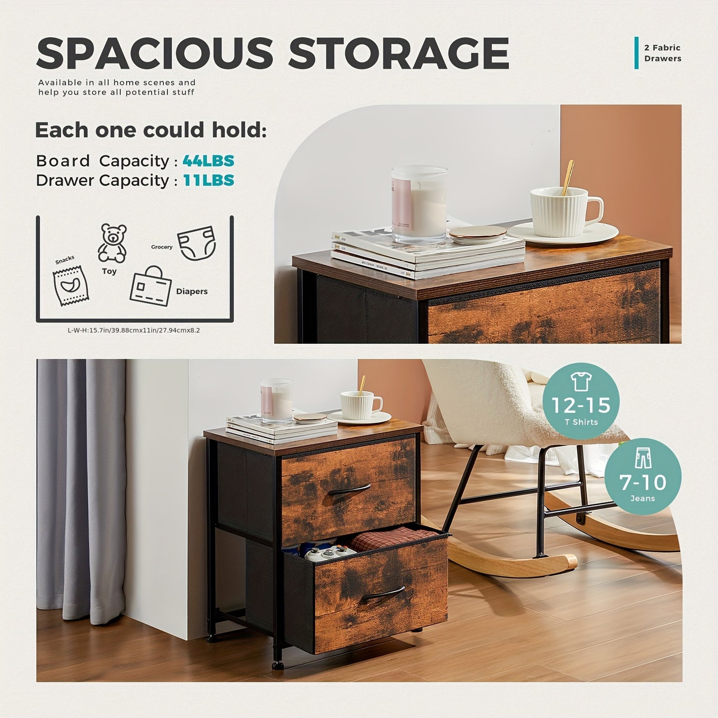 Nightstand Set Of 2, Dresser For Bedroom With 2 Drawer, Small Dresser Beside Tables, Nightstand With Removable Fabric Bins For Small Spaces, Closet, Entryway, College Dorm, 1pc/2pcs Options Available