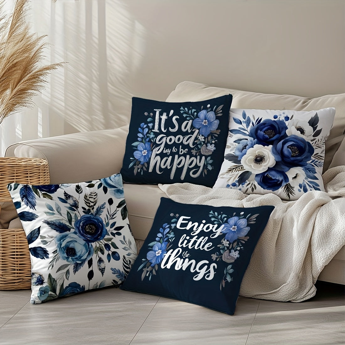 4pcs, Single Sided Printed Pillow Cover, Four Piece Set Of Deep Blue Floral Text Pillow Cover, 17 7*17. 7in, Home Decoration Pillow Cover Suitable For Living Room, Sofa, Bedroom, Without Pillow Core