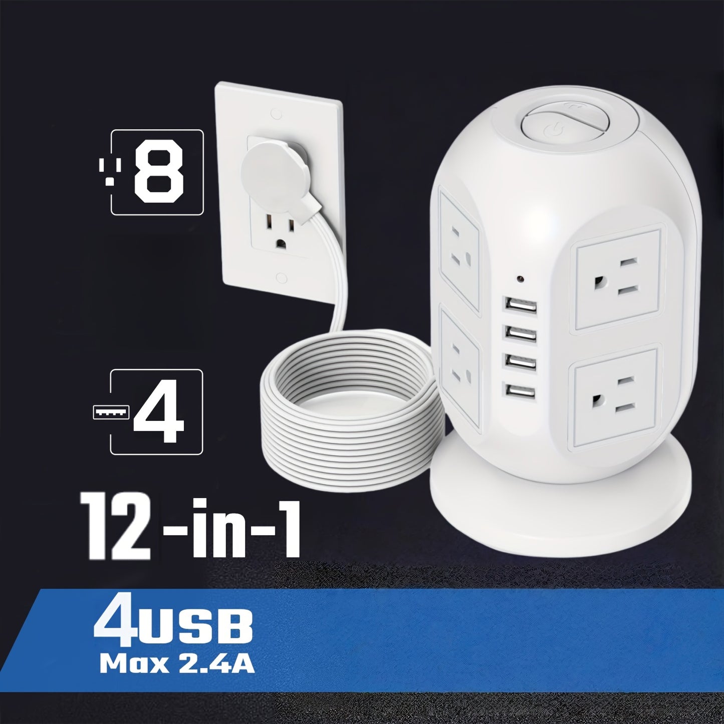 12 Outlets(1625W/13A) Power Strip Tower with 35W USB(2 USB-A & 2 USB-C) Charging Station, 20W PD Fast Charger, Surge Protector, 6.5/10/15ft Flat Plug Extension Cord with Multiple Outlets for Home, Office, Dorm, Multi Outlet P
