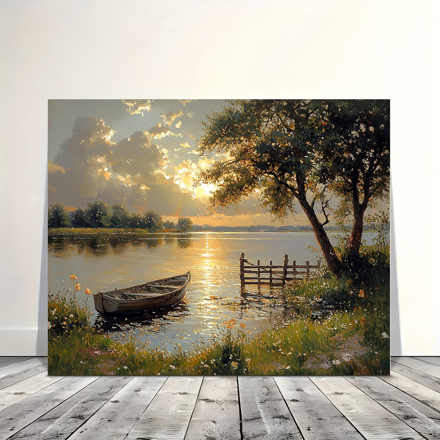 1pc Serene Sunset Lake & Boat Canvas Art Print, 11.8x15.7in - Wooden Framed Wall Decor for Living Room, Bedroom, Kitchen, Office - Tranquil Nature Scene, Ideal Gift, Coastal Home Decor, 2D, Perfect for Room Decor