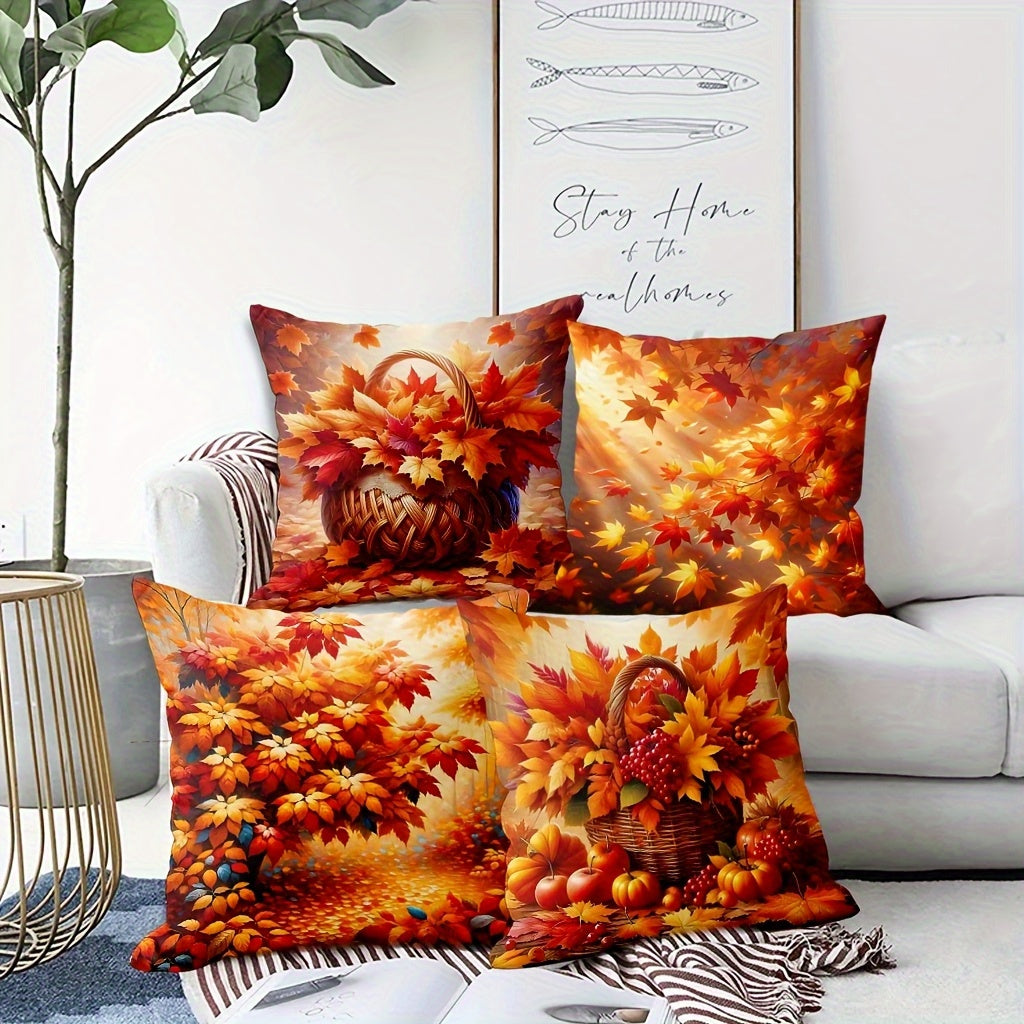 4pcs Autumn Harvest Decorative Throw Pillow Covers - Fall Leaves, Pumpkins, Grapes & Berries in Orange, Yellow, Red, - Zipper Closure Cushion Cases for Farmhouse, Bohemian Living Room, Sofa - Machine Washable Polyester (14x14