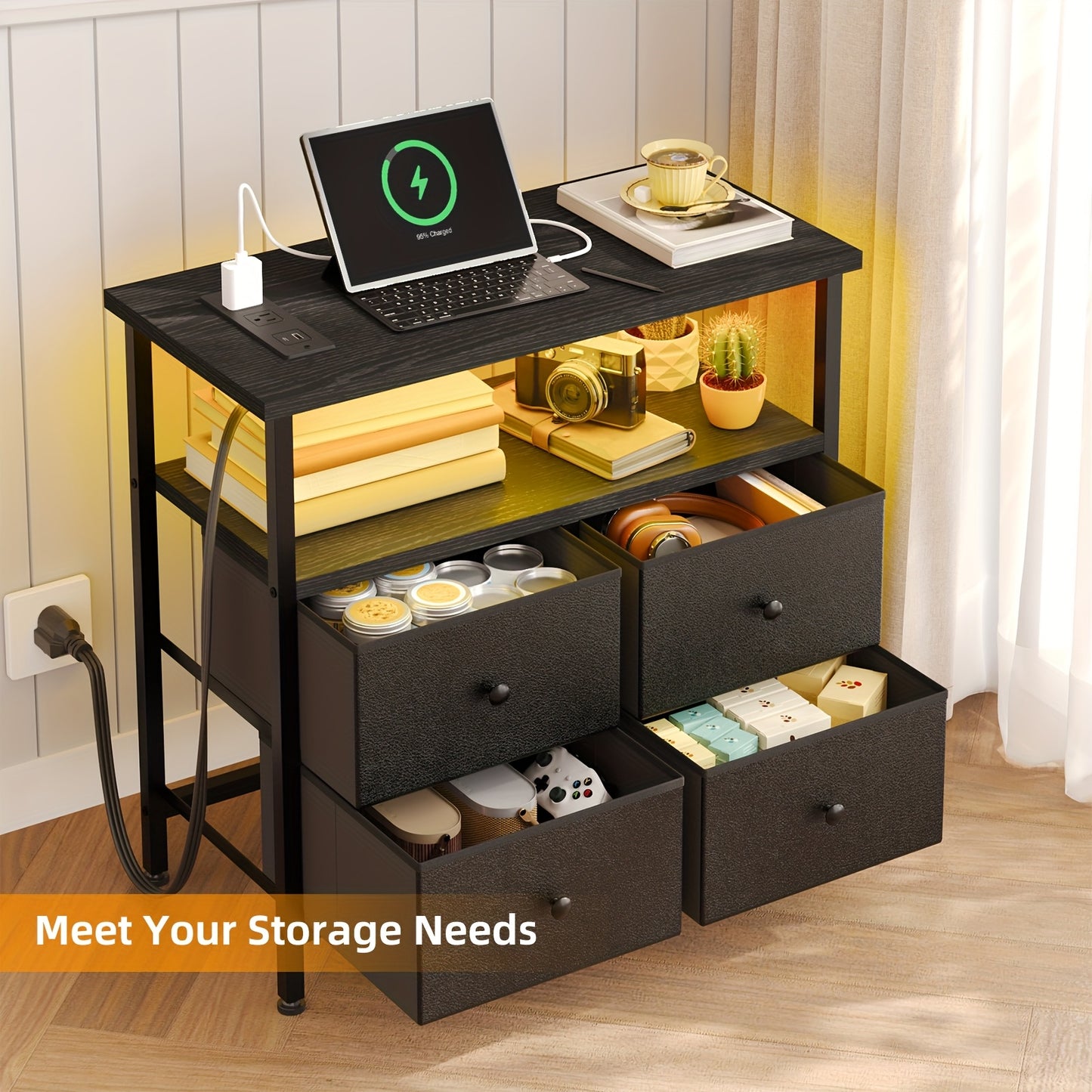 WHONLINE Night Stand with Charge Station, Bedside Table, Nightstand with 4 Drawers Bedside Table, LED Storgae Cabinet with Open Storage Shelf, Side Table for Bedroom Office, School And Dormitory Storage, for Halloween And Chr