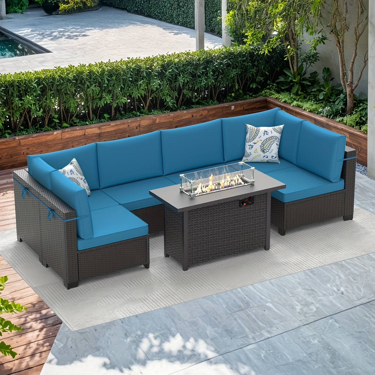 42" Propane Fire Pit Table, 50, 000 BTU, Brown Rattan and Metal with Glass Windshield, Lid, and Blue Glass Stones - Ideal for Outdoor Patio Use