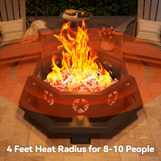 43 Inch Octagonal Fire Pit For Outside, Outdoor Wood Burning Firepit For Bonfire Patio Backyard Camping, Black